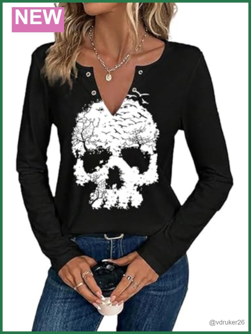 Womens Halloween V-Neck Long Sleeve Graphic T-Shirt Soft Cotton Blend